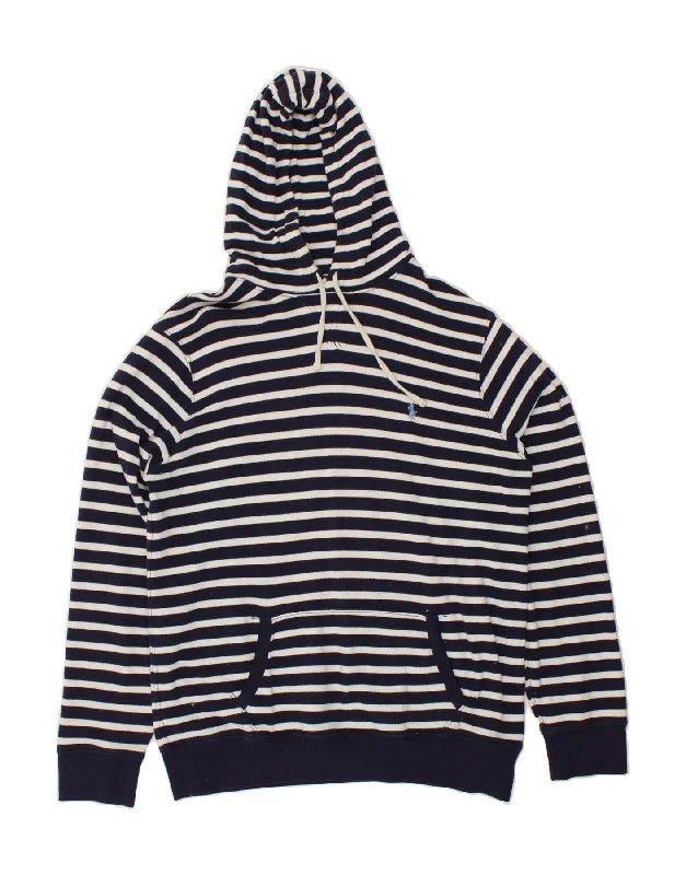 POLO RALPH LAUREN Mens Hoodie Jumper XL Navy Blue Striped Cotton Hoodie with Hem Applique Textured Unique