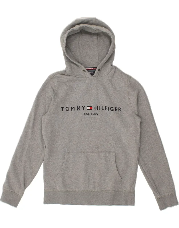 TOMMY HILFIGER Mens Graphic Hoodie Jumper Medium Grey Cotton Hoodie with Stripes Bold Sporty