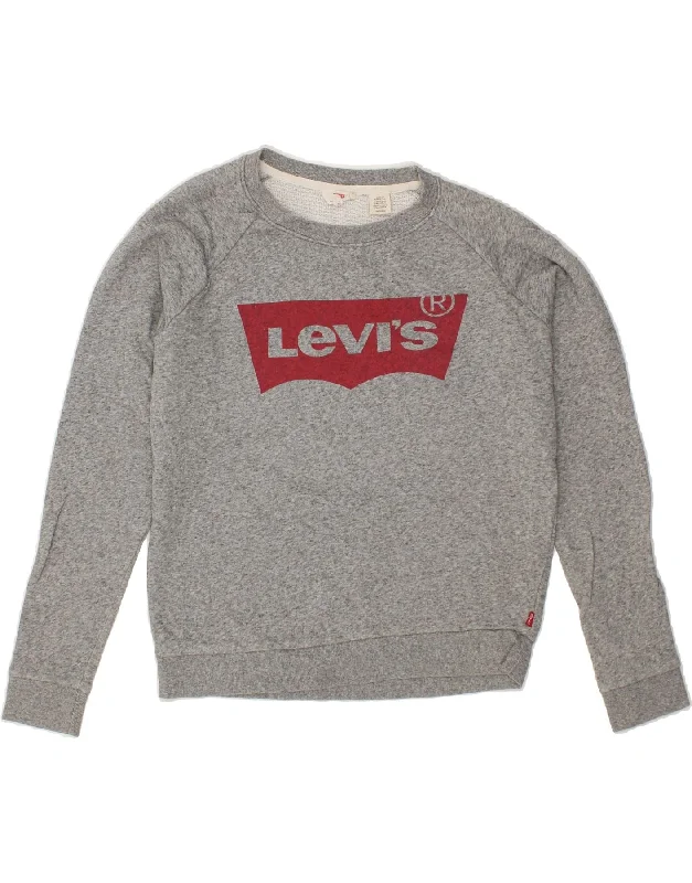 LEVI'S Womens Oversized Graphic Sweatshirt Jumper UK 6 XS Grey Flecked Hoodie with Earth Tones Natural Calm