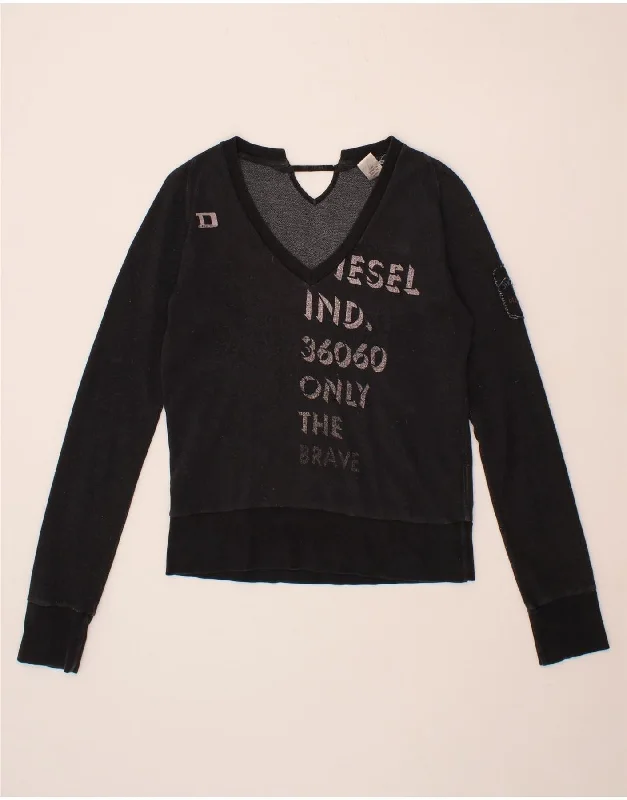 DIESEL Womens Graphic Sweatshirt Jumper UK 14 Large Black Cotton Hoodie with Applique Textured Unique