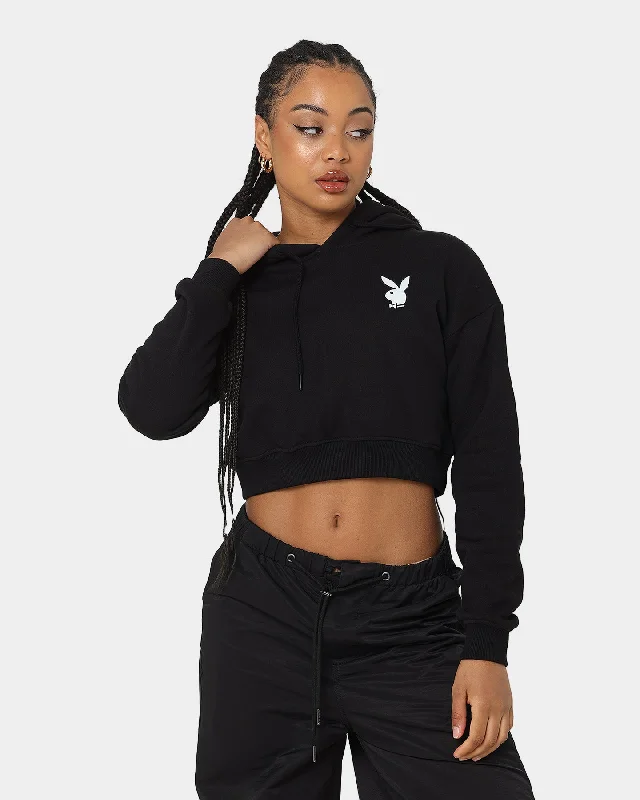 Playboy Women's Bunny O Crop Hoodie Black Hoodie with Button Classic Timeless