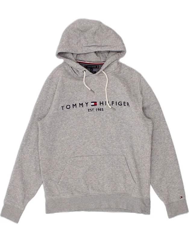 TOMMY HILFIGER Mens Graphic Hoodie Jumper Medium Grey Cotton Hoodie with Distressed Vintage Worn