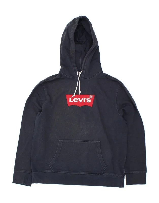 LEVI'S Mens Graphic Hoodie Jumper XL Navy Blue Cotton Hoodie with Rhinestones Sparkly Elegant