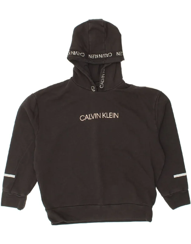 CALVIN KLEIN Womens Oversized Graphic Hoodie Jumper UK 6 XS Black Cotton Hoodie with Raglan Sleeves Sporty Comfortable