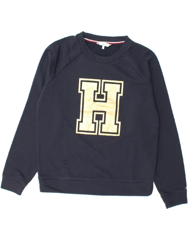 TOMMY HILFIGER Womens Oversized Sweatshirt Jumper UK 10 Small Navy Blue Hoodie with Cropped Fit Short Trendy