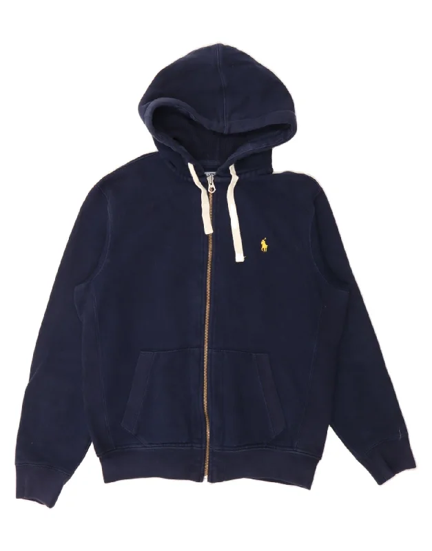 POLO RALPH LAUREN Mens Zip Hoodie Sweater Medium Navy Blue Cotton Hoodie with Exposed Zipper Edgy Industrial