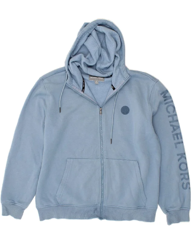 MICHAEL KORS Mens Graphic Zip Hoodie Sweater XL Blue Cotton Hoodie with Distressed Vintage Worn