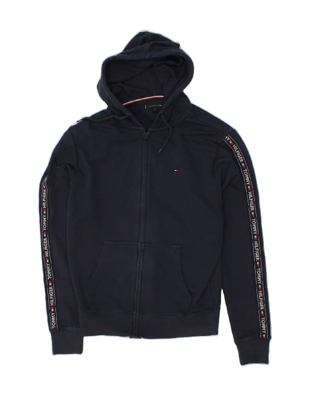 TOMMY HILFIGER Mens Graphic Zip Hoodie Sweater Large Navy Blue Cotton Hoodie with Button Classic Timeless