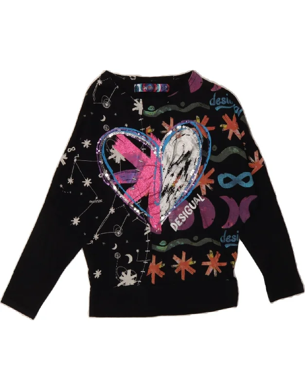 DESIGUAL Girls Graphic Sweatshirt Jumper 7-8 Years Black Hoodie Dress Longline Feminine