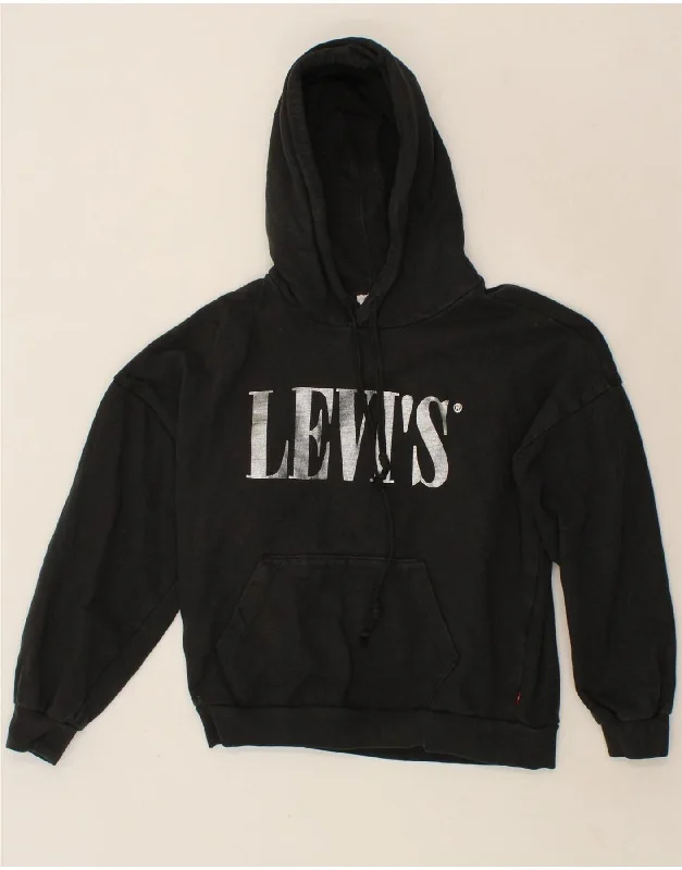 LEVI'S Womens Oversized Graphic Hoodie Jumper UK 6 XS Black Cotton Graphic Hoodie Design Print