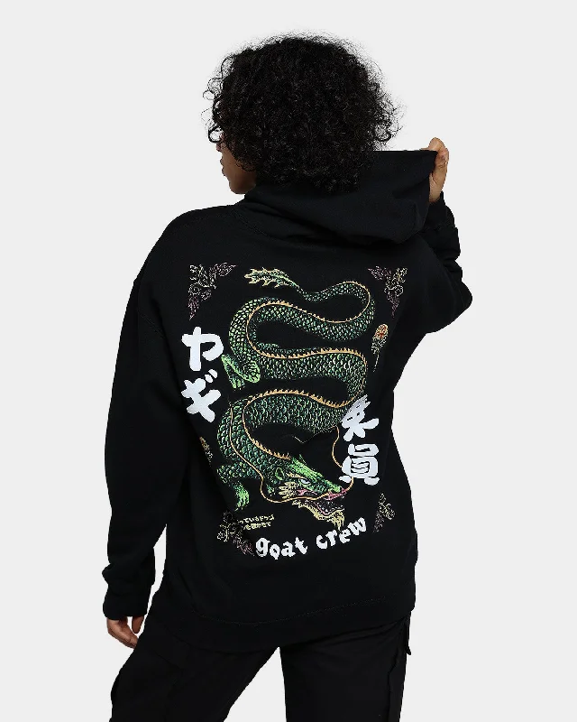 Goat Crew Sleeping Dragons Hoodie Black Hoodie with Raw Hem Edgy Unfinished