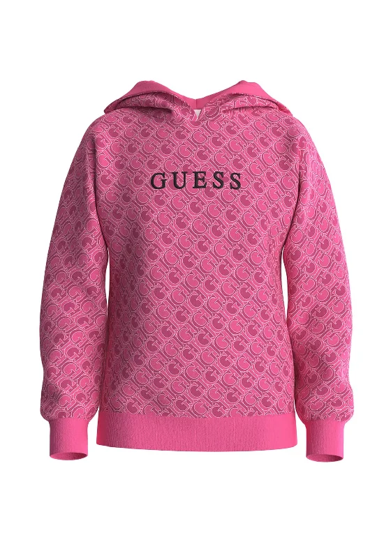 Guess Older Girl Oversized Print Hoodie, Pink Hoodie with Hem Lace Feminine Delicate