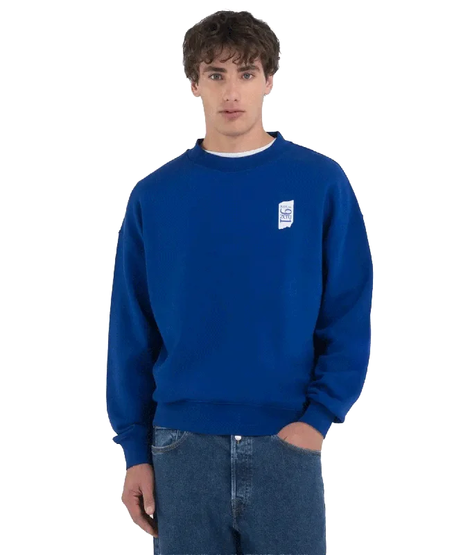 Genderless Crew-neck Sweatshirt With 9zero1 Logo - Blue Hoodie with Color Block Contrast Stylish