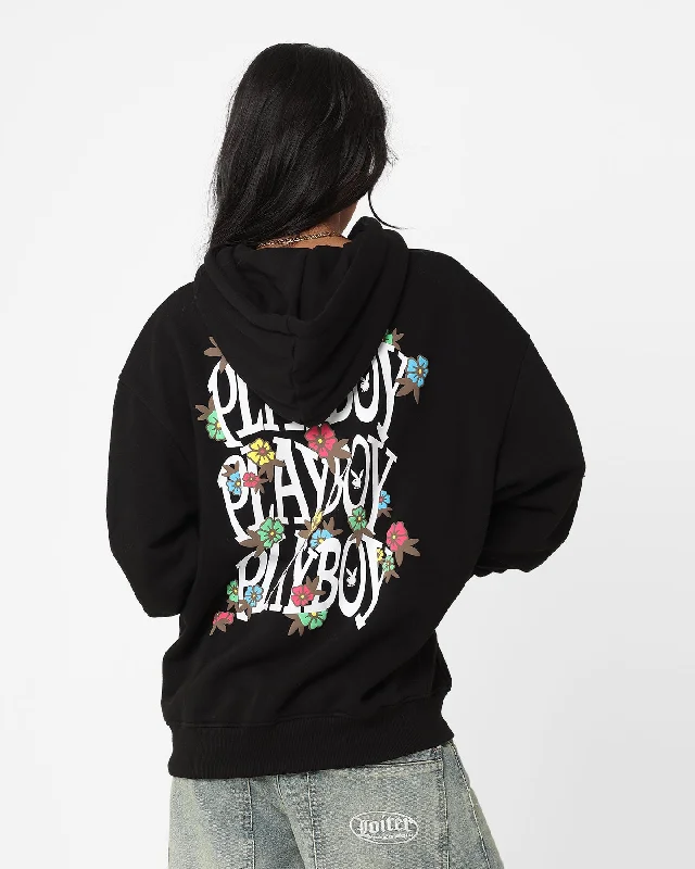 Playboy Flowers Hoodie Black Hoodie with Drawstring Waist Adjustable Fitted