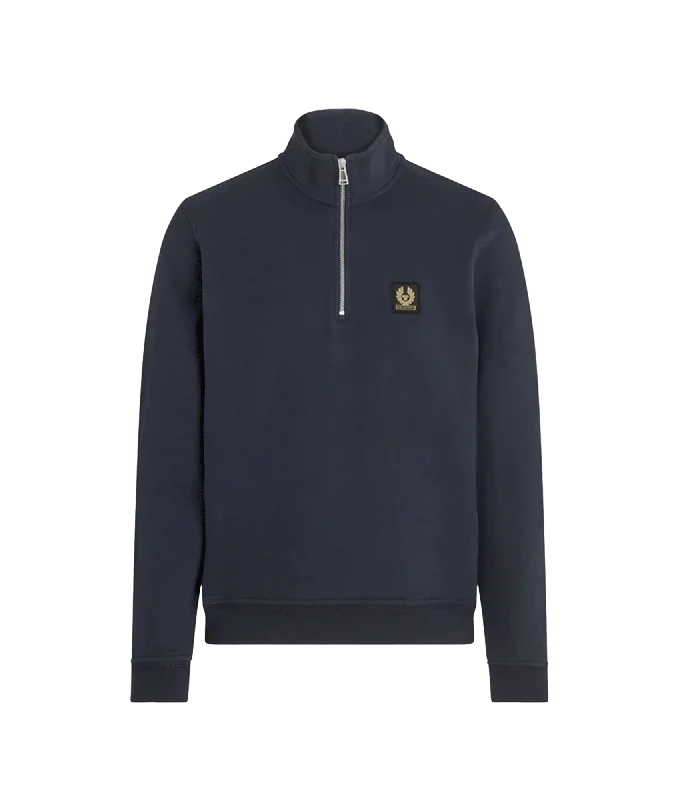 Cotton Fleece Quarter Zip Sweatshirt - Navy Hoodie with Frayed Bohemian Relaxed