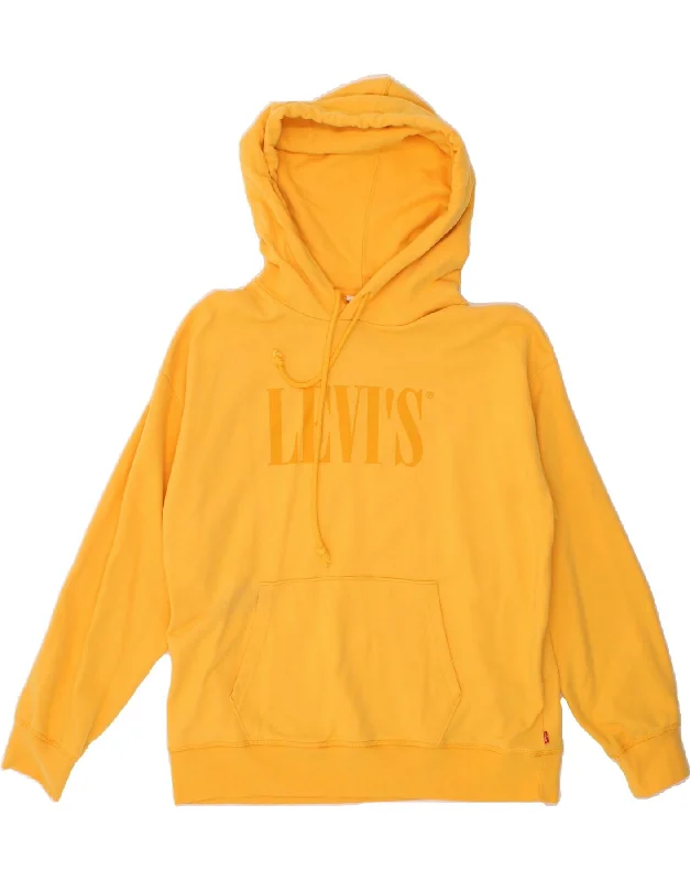 LEVI'S Mens Graphic Hoodie Jumper XL Yellow Cotton Hoodie with Hem Frayed Vintage Worn