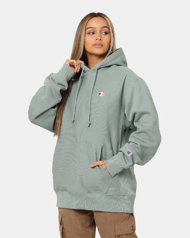 Champion Reverse Weave C Logo Hoodie Sage Shimmer Green Hoodie with Puffed Sleeves Voluminous Trendy