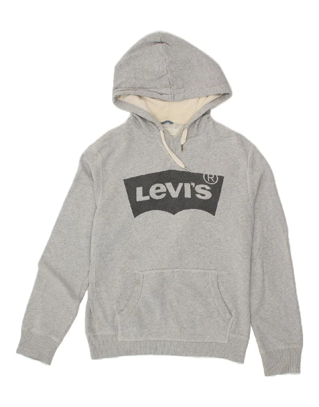 LEVI'S Mens Standard Fit Graphic Hoodie Jumper Medium Grey Cotton Hoodie with Hem Raw Edge Edgy Unfinished