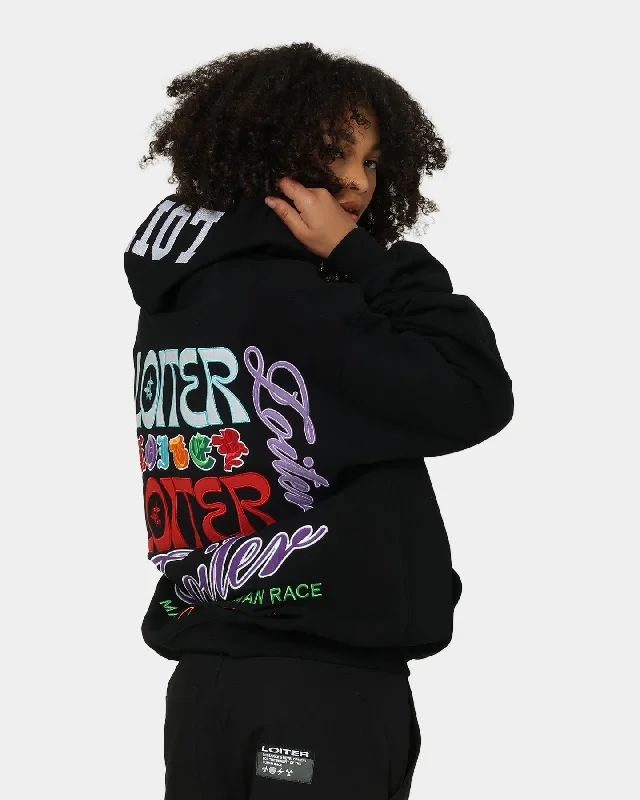 Loiter Stacked Logo Hoodie Black Hoodie with Thumb Holes Functional Cozy