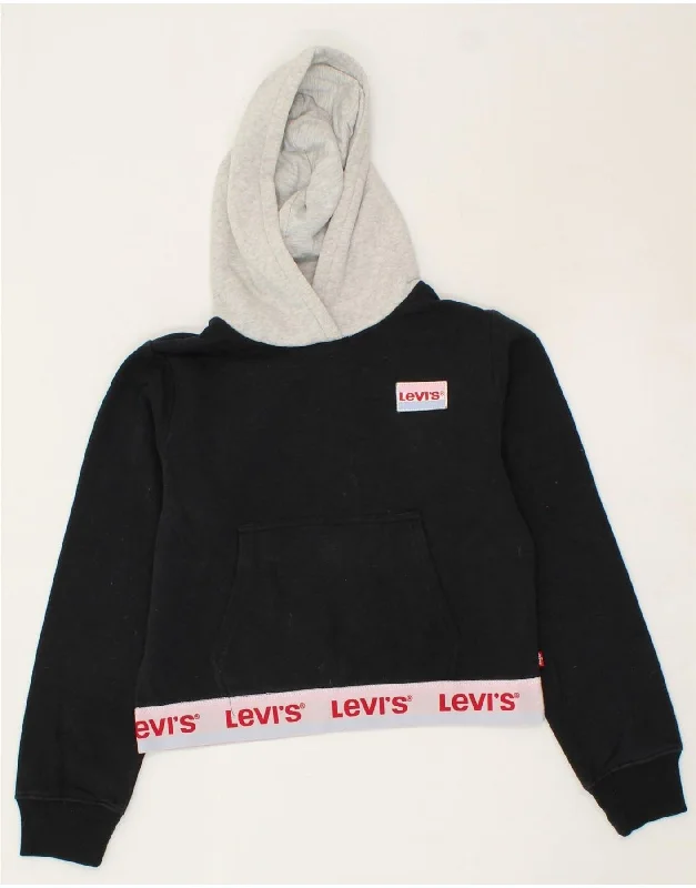 LEVI'S Girls Graphic Crop Hoodie Jumper 11-12 Years Black Colourblock Hoodie with Neon Bright Vibrant