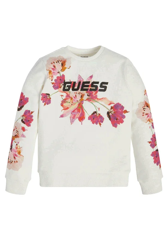 Guess Girls Front Logo Sweatshirt, Cream Oversized Hoodie Comfort Casual