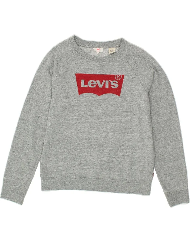 LEVI'S Womens Graphic Sweatshirt Jumper UK 14 Medium Grey Flecked Cotton Hoodie with Button Classic Timeless