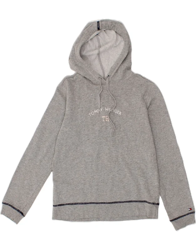 TOMMY HILFIGER Womens Graphic Hoodie Jumper UK 10 Small Grey Cotton Hoodie with Emblem Brand Identity