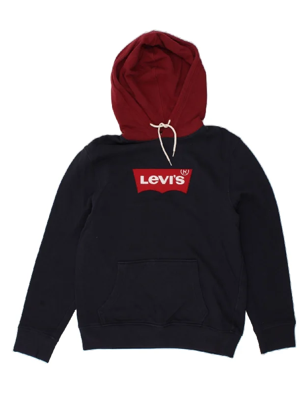 LEVI'S Mens Graphic Hoodie Jumper Medium Navy Blue Colourblock Cotton Hoodie with Print Artistic Unique