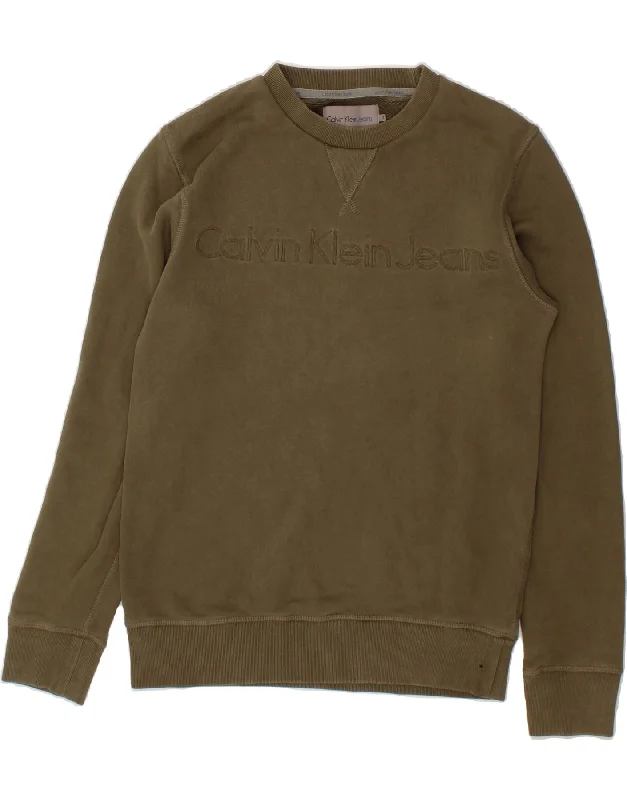 CALVIN KLEIN JEANS Mens Graphic Sweatshirt Jumper Small Khaki Cotton Oversized Hoodie Comfort Casual