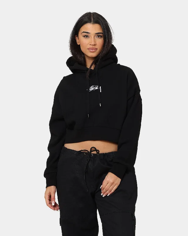 Stussy Women's Stock Hoodie Black Hoodie with Ribbed Neckline Snug Warm