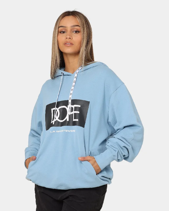 DOPE LA Box Logo Hoodie Pale Blue Hoodie with Drop Shoulder Relaxed Streetwear