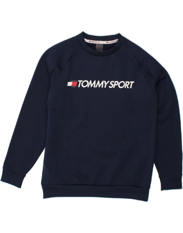 TOMMY HILFIGER Mens Graphic Sweatshirt Jumper Small Navy Blue Polyester Hoodie with Color Block Contrast Stylish