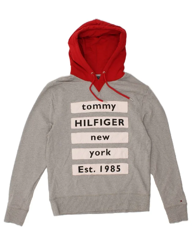 TOMMY HILFIGER Mens Graphic Hoodie Jumper Large Grey Colourblock Cotton Hoodie with Illustration Artistic Creative