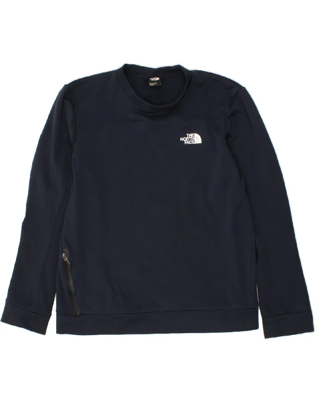 THE NORTH FACE Mens Graphic Sweatshirt Jumper Large Navy Blue Polyester Hoodie with Hem Fringe Bohemian Relaxed