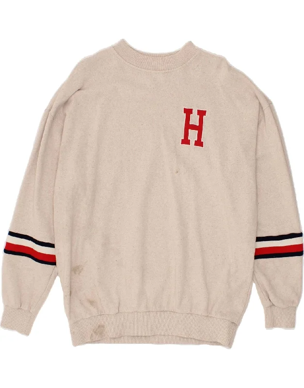 TOMMY HILFIGER Mens Graphic Sweatshirt Jumper Medium Beige Cotton Hoodie with Metallic Shiny Futuristic