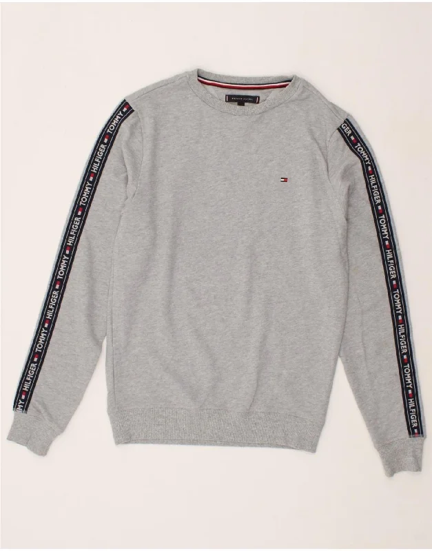 TOMMY HILFIGER Mens Graphic Sweatshirt Jumper Small Grey Cotton Zip Hoodie Drawstring Kangaroo Pocket