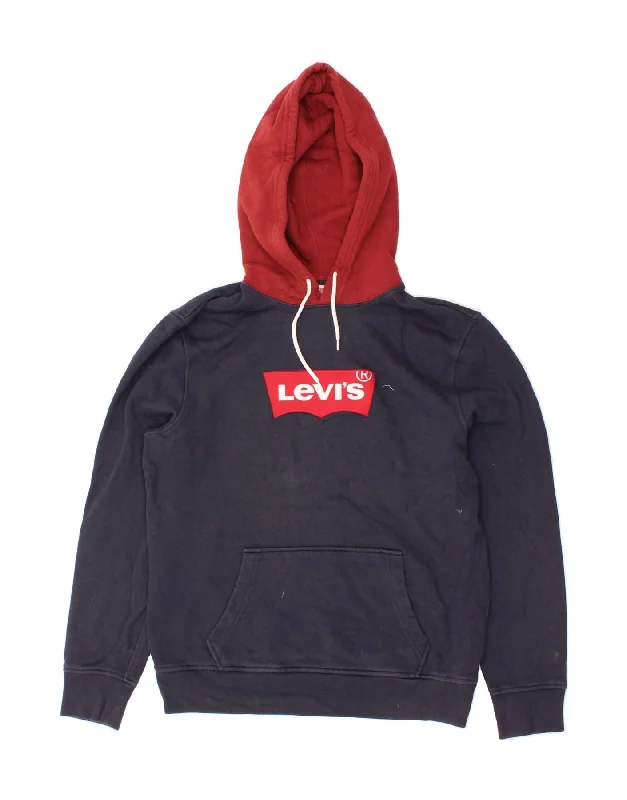 LEVI'S Mens Graphic Hoodie Jumper Medium Navy Blue Colourblock Cotton Hoodie with Velcro Closure Adjustable Secure