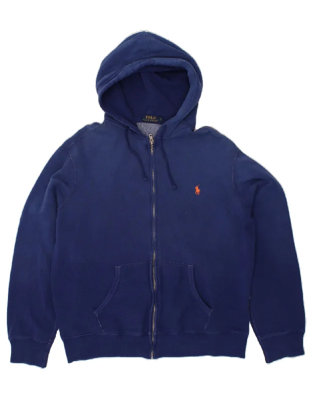 POLO RALPH LAUREN Mens Zip Hoodie Sweater Large Navy Blue Cotton Hoodie with Lining Warm Insulated