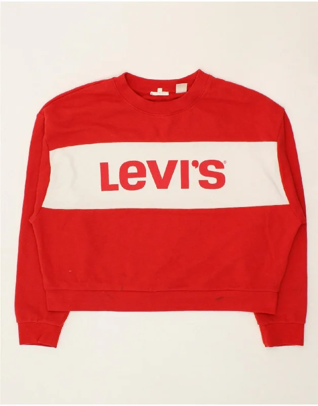 LEVI'S Womens Oversized Sweatshirt Jumper UK 14 Medium Red Colourblock Hoodie with Turtle Neck Cozy Winter