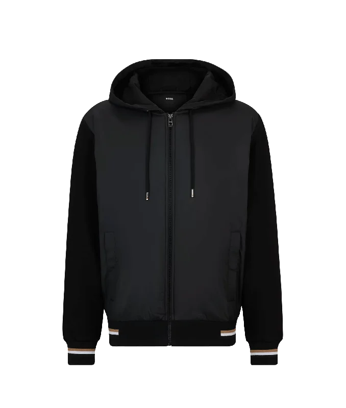 Mixed-material Zip-up Hoodie With Signature-stripe Trims - Black Hoodie with Longline Fit Extended Stylish