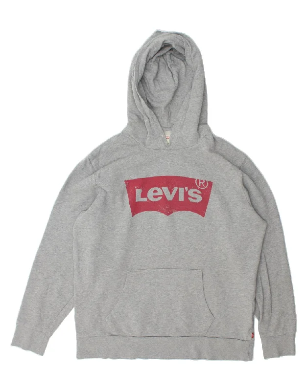 LEVI'S Mens Graphic Hoodie Jumper Large Grey Cotton Hoodie with Toggle Buttons Decorative Unique