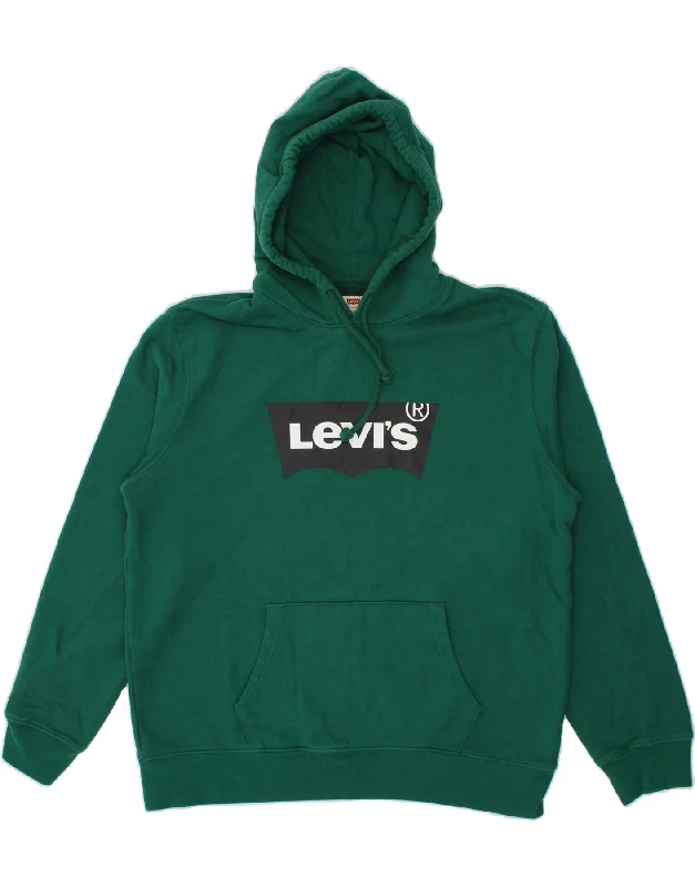 LEVI'S Mens Standard Graphic Hoodie Jumper Large Green Cotton Hoodie with Hem Frayed Vintage Worn