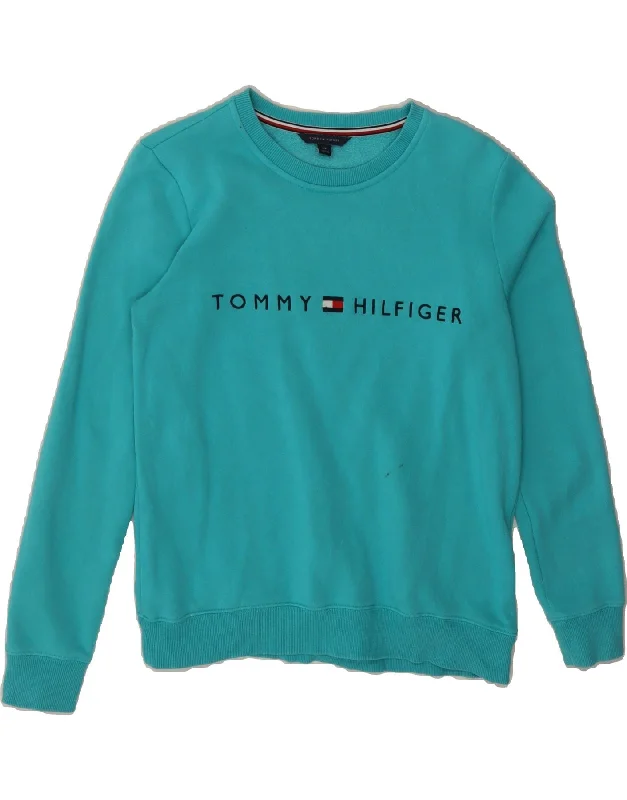 TOMMY HILFIGER Womens Oversized Graphic Sweatshirt Jumper UK 10 Small Blue Hoodie with Bell Sleeves Flared Feminine