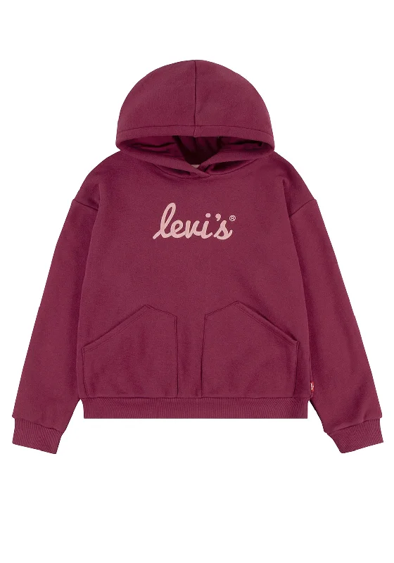 Levi’s Girls Poster Logo Long Sleeve Hoodie, Wine Cotton Hoodie Fleece Lining Warmth