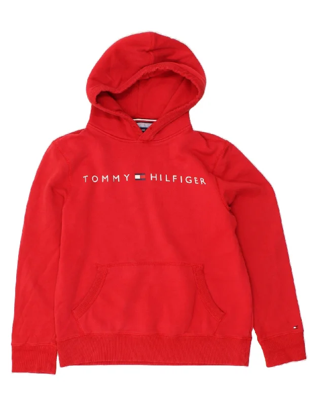 TOMMY HILFIGER Mens Graphic Hoodie Jumper Medium Red Cotton Hoodie with Hem Embroidery Detailed Premium