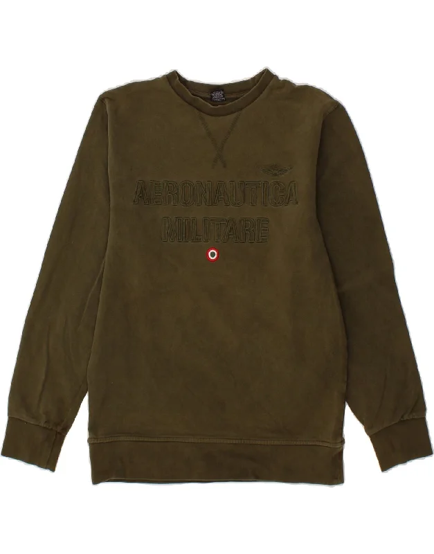 AERONAUTICA MILITARE Mens Graphic Sweatshirt Jumper Medium Khaki Cotton Hoodie with Cuffed Sleeves Snug Secure