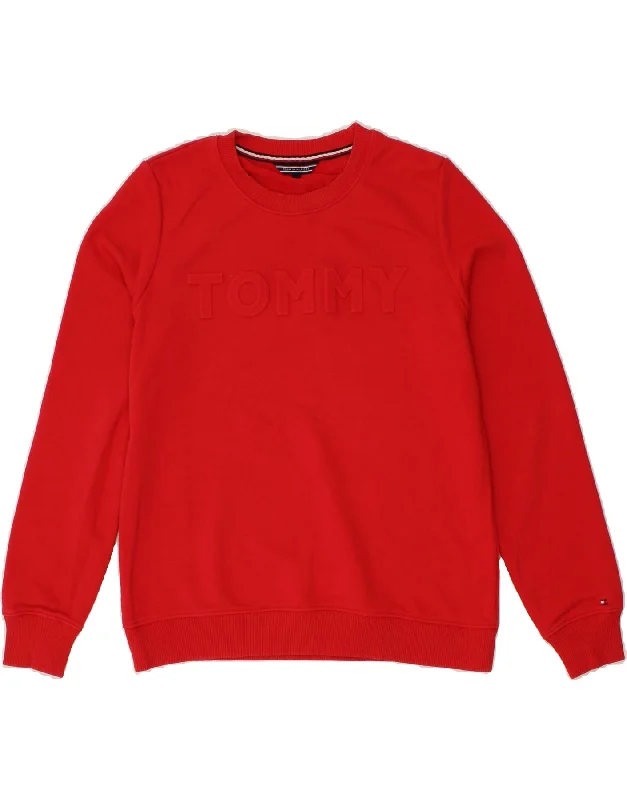 TOMMY HILFIGER Womens Graphic Sweatshirt Jumper UK 16 Large Red Cotton Hoodie with Batwing Sleeves Loose Dramatic