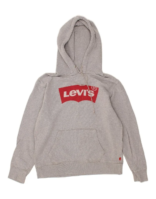 LEVI'S Mens Graphic Hoodie Jumper Small Grey Cotton Hoodie with Hem Patch Decorative Personalized