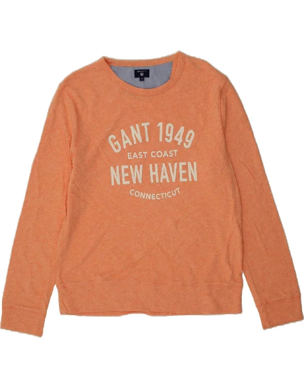 GANT Mens Graphic Sweatshirt Jumper Medium Orange Flecked Cotton Hoodie with Hem Applique Textured Unique