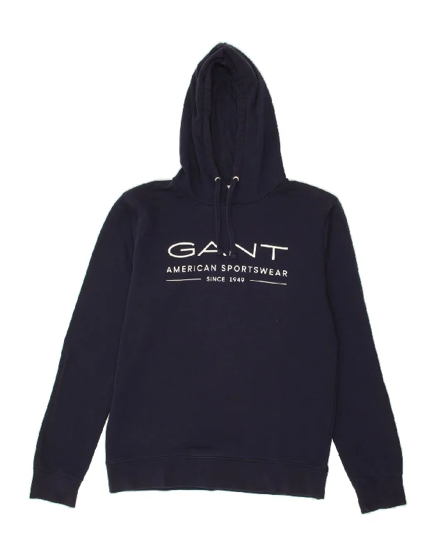 GANT Mens Graphic Hoodie Jumper Large Navy Blue Cotton Hoodie with Button Placket Classic Preppy